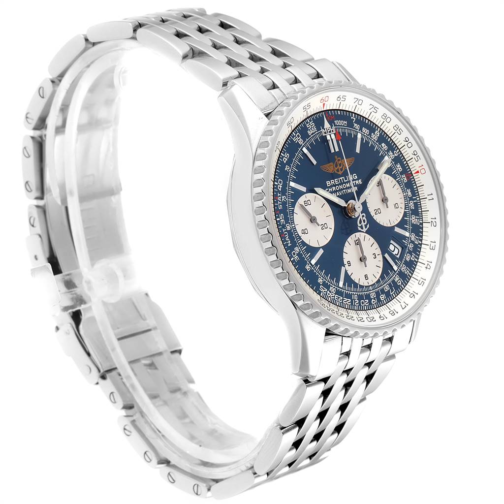 The Breitling Navitimer A23322 Men's Stainless Steel Blue Dial A23322 Men's Stainless Steel Blue Dial watch is shown at a three-quarter angle, highlighting its face, bezel, and bracelet.