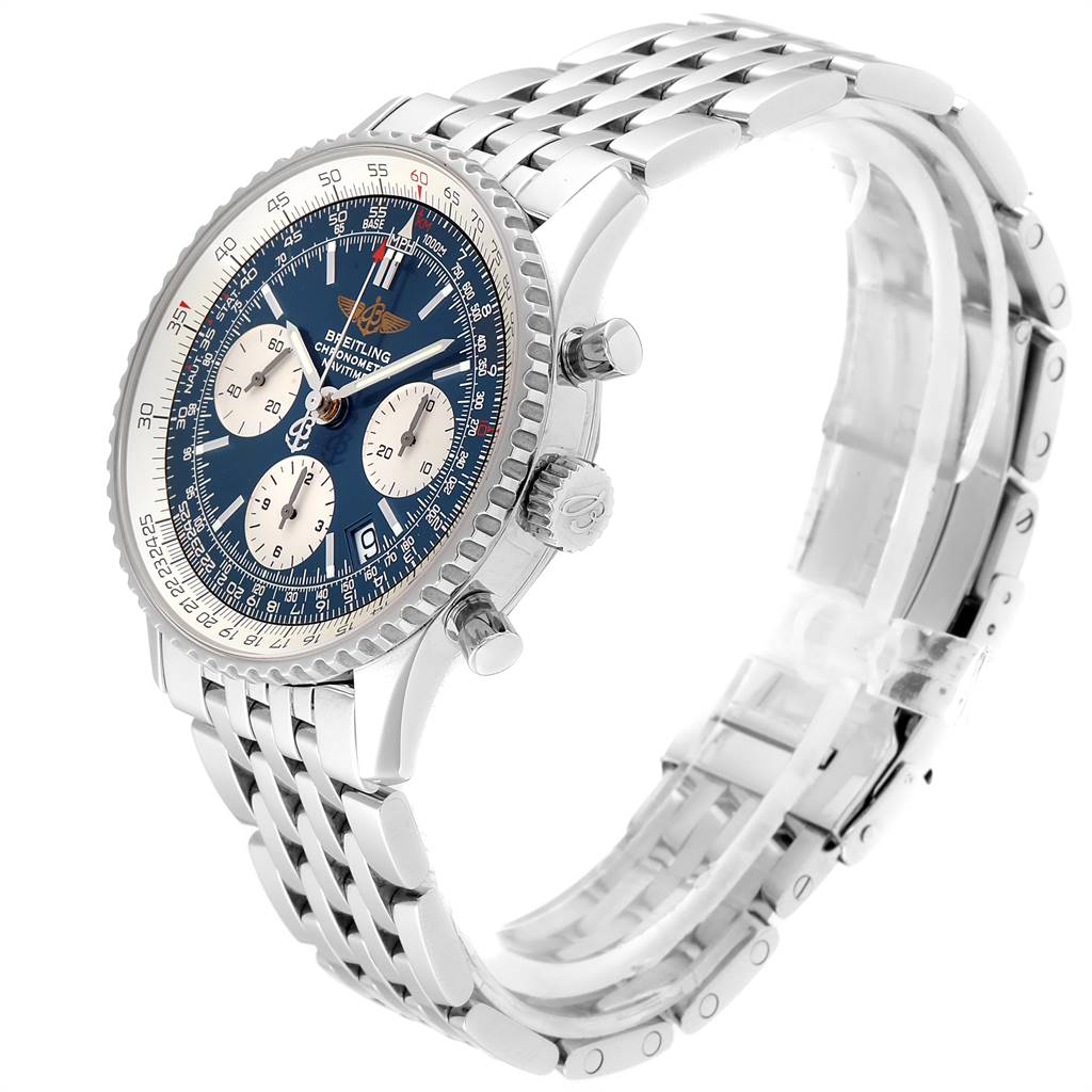 The image shows a side angle of a Breitling Navitimer A23322 Men's Stainless Steel Blue Dial A23322 Men's Stainless Steel Blue Dial watch highlighting its blue dial, chronograph, bezel, and stainless steel bracelet.