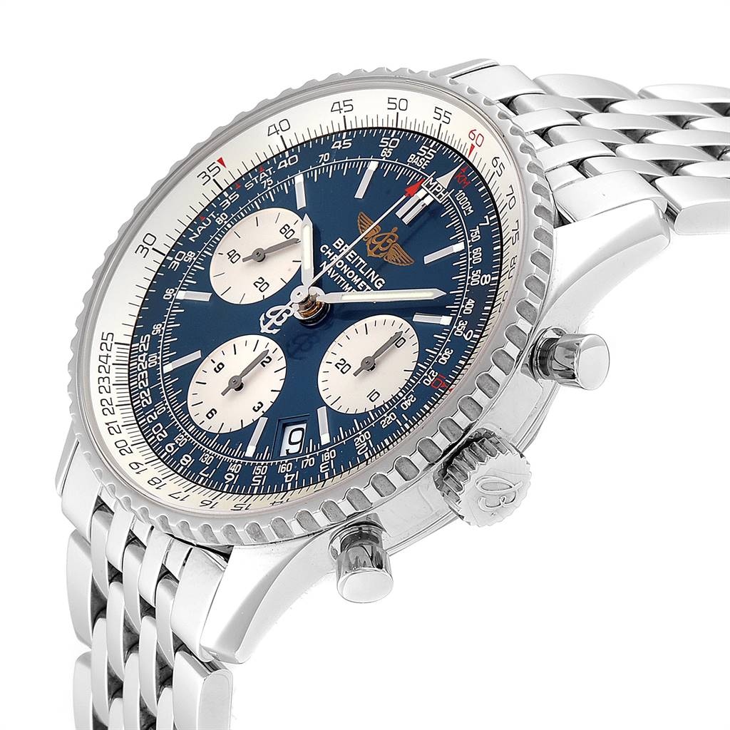 The image shows a side view of a Breitling Navitimer A23322 Men's Stainless Steel Blue Dial A23322 Men's Stainless Steel Blue Dial watch, highlighting its blue dial, chronograph sub-dials, and stainless steel bracelet.