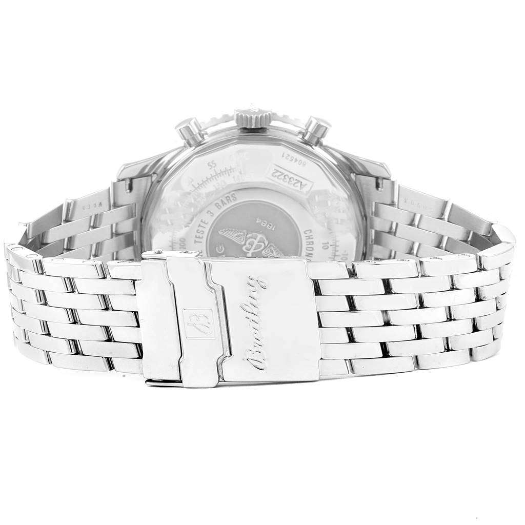 The image shows the backside and clasp of a Breitling Navitimer A23322 Men's Stainless Steel Blue Dial A23322 Men's Stainless Steel Blue Dial watch.