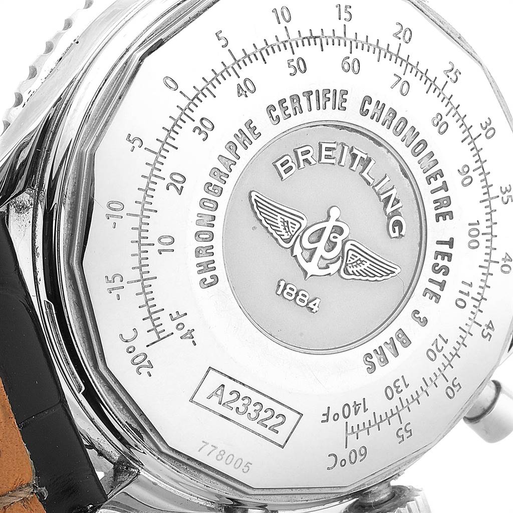 The image shows the case back of a Breitling Navitimer A23322 Men
s Stainless Steel Black Dial A23322 Men
s Stainless Steel Black Dial watch at a slight angle.
