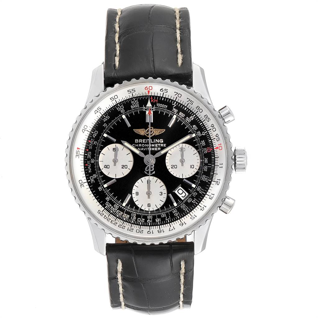This is a front view of a Breitling Navitimer A23322 Men
s Stainless Steel Black Dial A23322 Men
s Stainless Steel Black Dial watch, showing the dial, bezel, chronograph subdials, and leather strap.