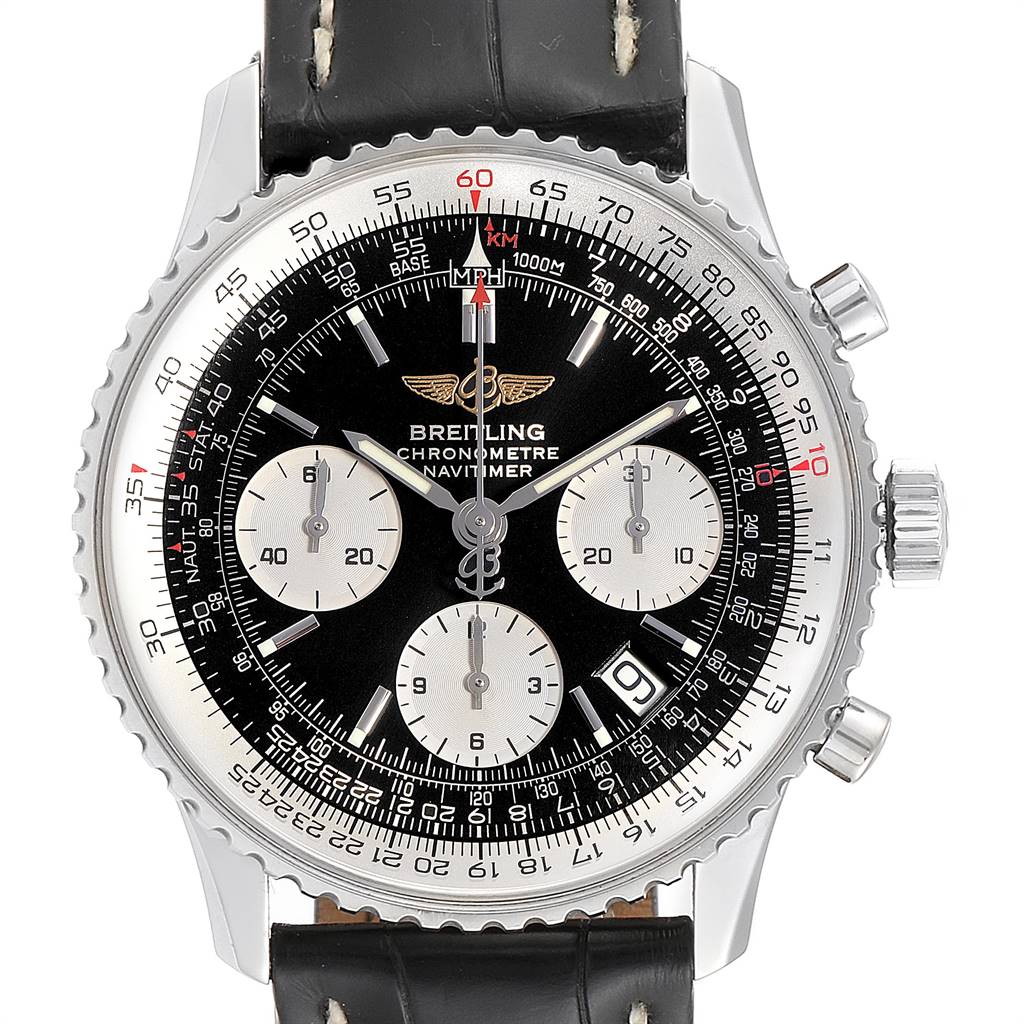 This Breitling Navitimer A23322 Men
s Stainless Steel Black Dial A23322 Men
s Stainless Steel Black Dial watch is shown from the front, displaying its dial, bezel, chronograph subdials, and strap.