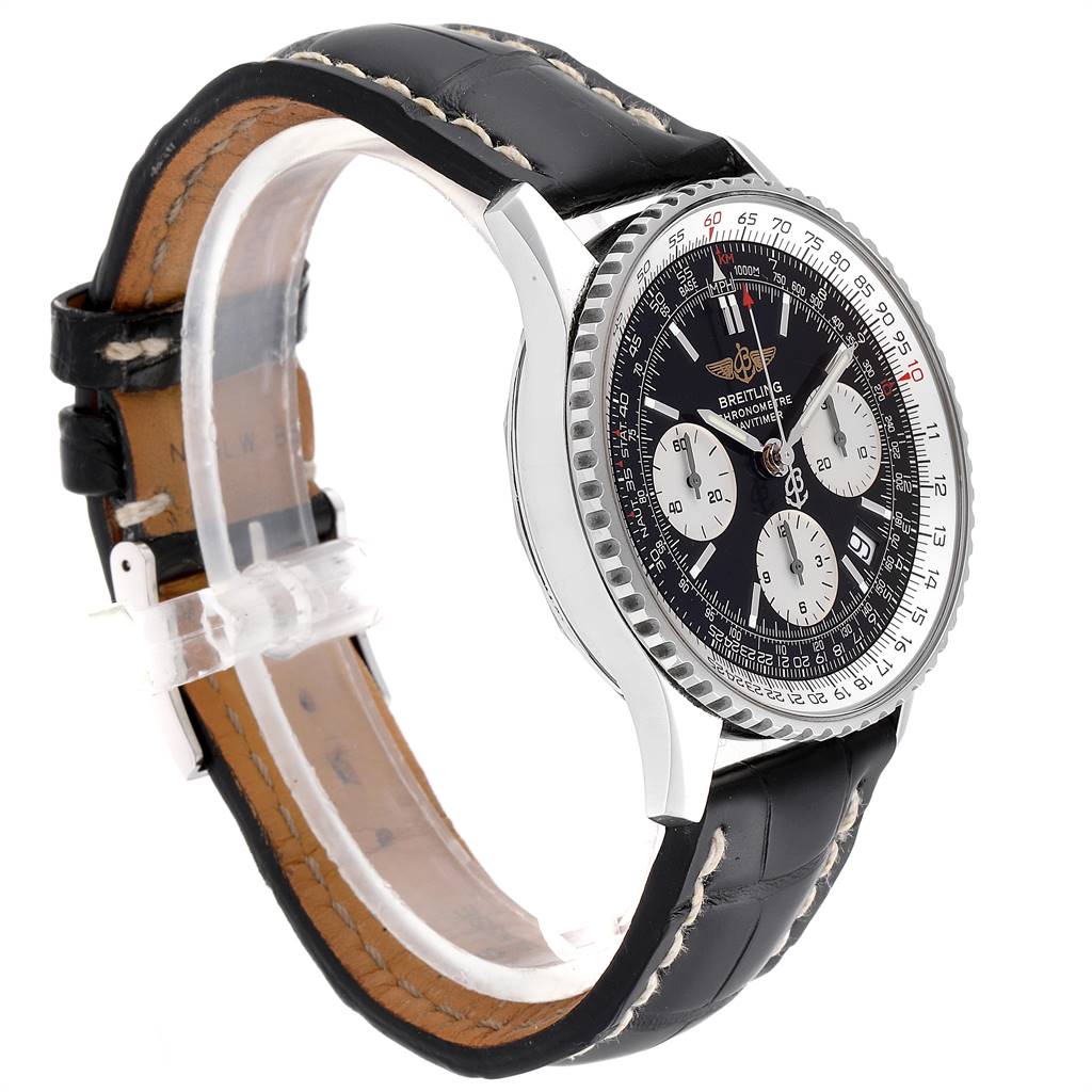 The image shows a side view of the Breitling Navitimer A23322 Men
s Stainless Steel Black Dial A23322 Men
s Stainless Steel Black Dial watch, highlighting its black leather strap and dial with a silver case.