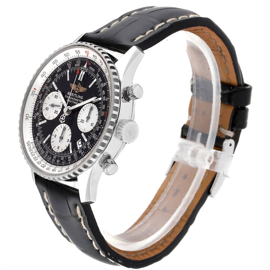 The image shows a side view of a Breitling Navitimer A23322 Men
s Stainless Steel Black Dial A23322 Men
s Stainless Steel Black Dial watch, highlighting its black leather strap, bezel, and chronograph pushers.