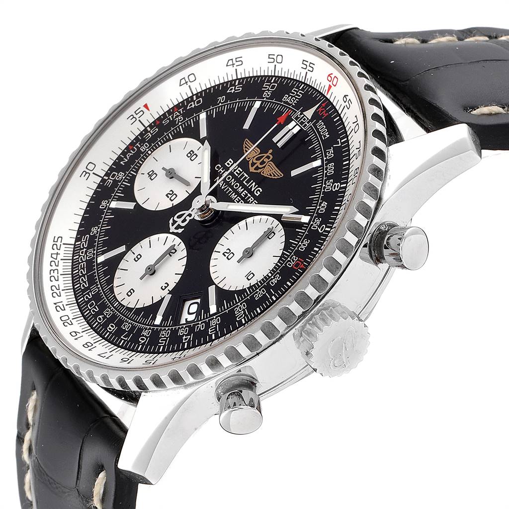 The Breitling Navitimer A23322 Men
s Stainless Steel Black Dial A23322 Men
s Stainless Steel Black Dial watch is shown from a front-side angle, displaying its face, bezel, crown, and chronograph pushers.