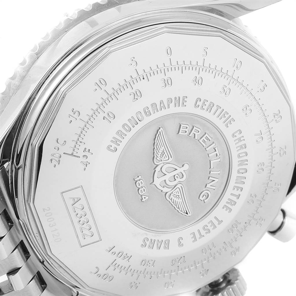 The image shows the back case of a Breitling Navitimer A23322 Men
s Stainless Steel Blue Dial A23322 Men
s Stainless Steel Blue Dial watch featuring engravings and the brand
s logo.