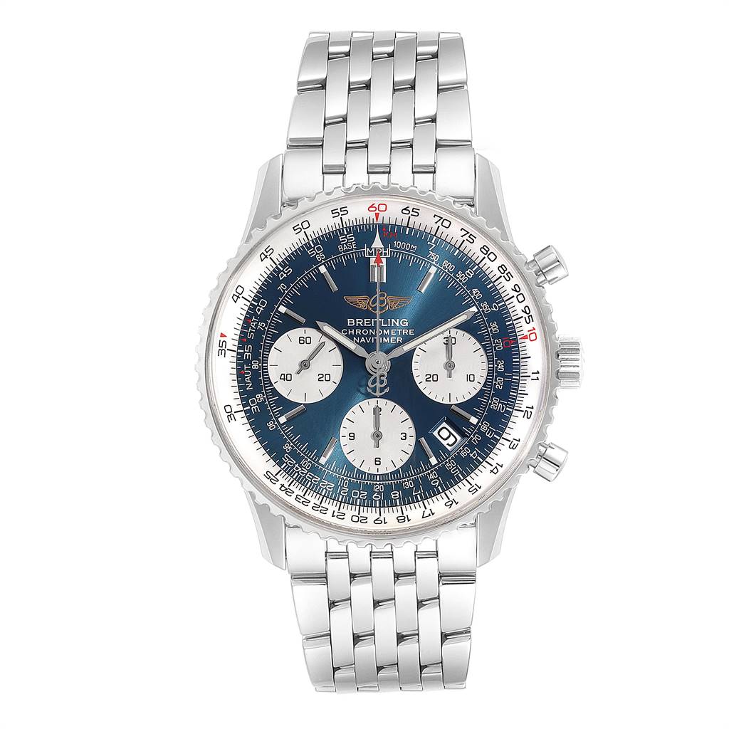 This image shows a front view of a Breitling Navitimer A23322 Men
s Stainless Steel Blue Dial A23322 Men
s Stainless Steel Blue Dial watch, displaying its dial, bezel, pushers, crown, and metal bracelet.