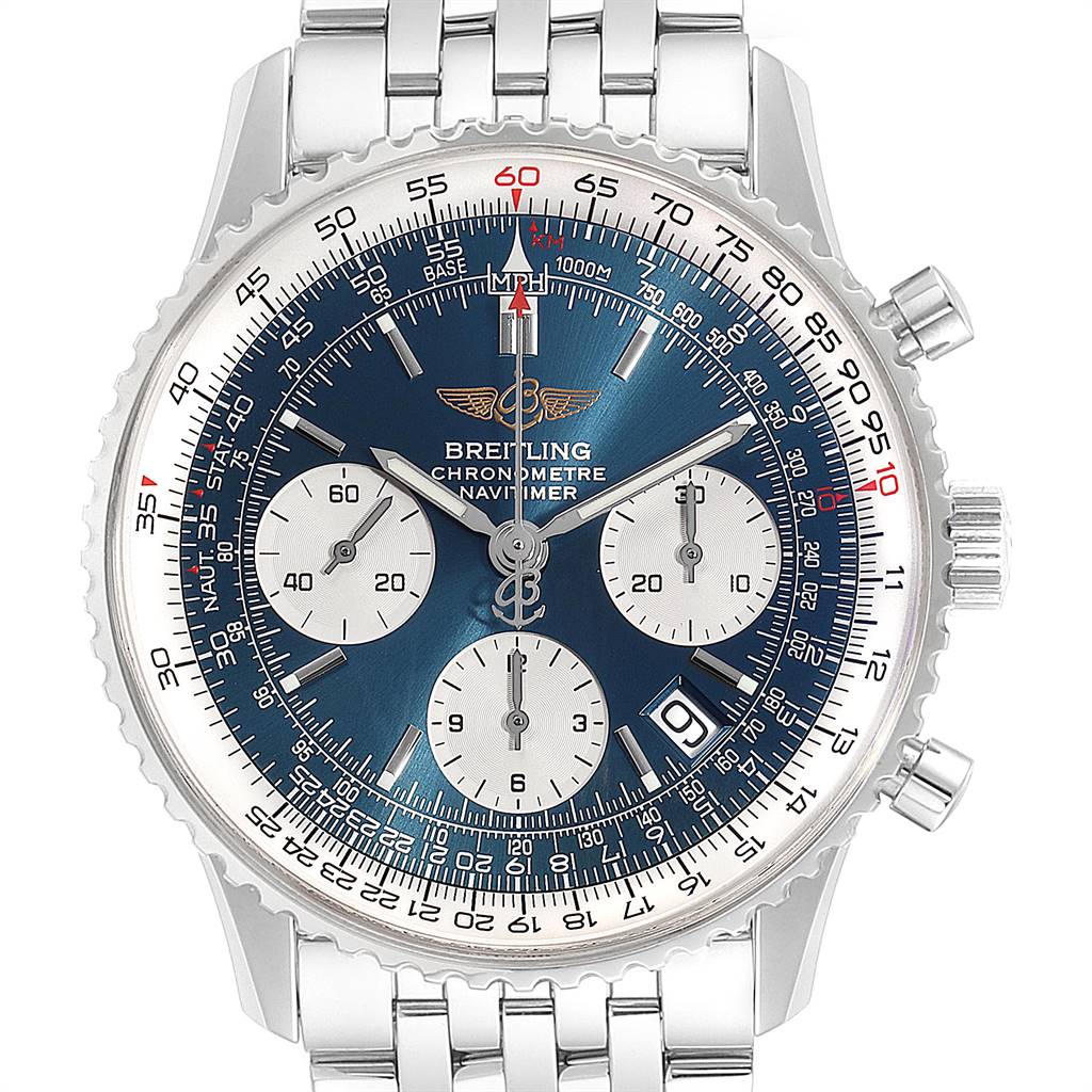 This image shows a frontal view of a Breitling Navitimer A23322 Men
s Stainless Steel Blue Dial A23322 Men
s Stainless Steel Blue Dial watch, highlighting its blue dial, chronograph subdials, and date window.