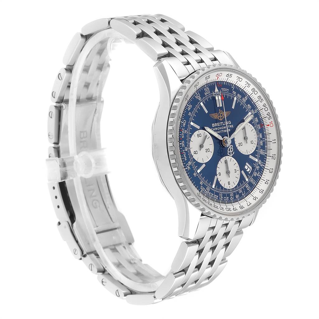 The image shows a side angle of a Breitling Navitimer A23322 Men
s Stainless Steel Blue Dial A23322 Men
s Stainless Steel Blue Dial watch, highlighting its blue dial, stainless steel case, and bracelet.