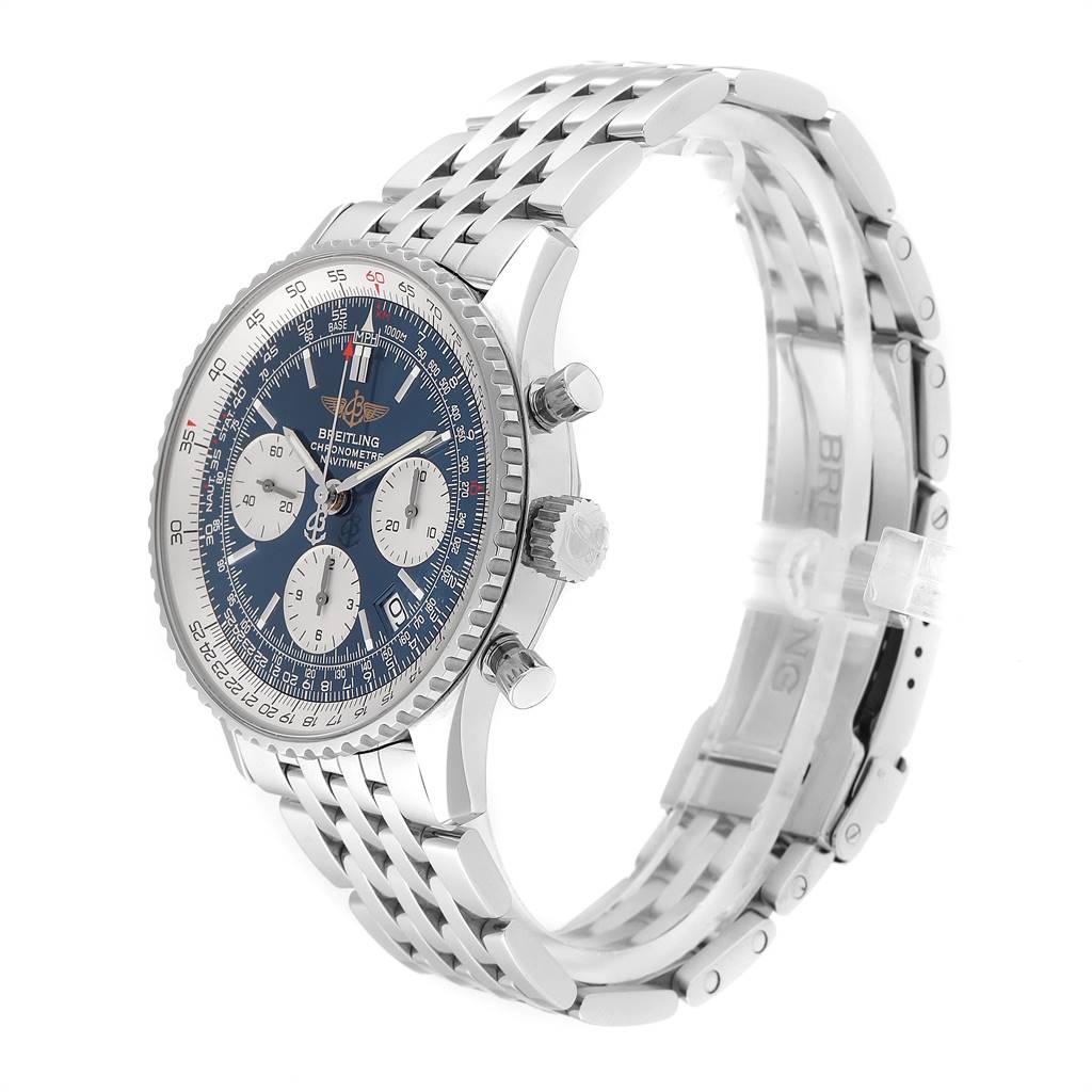 The image shows a side angle view of the Breitling Navitimer A23322 Men
s Stainless Steel Blue Dial A23322 Men
s Stainless Steel Blue Dial watch, highlighting its blue dial, stainless steel case, and bracelet.