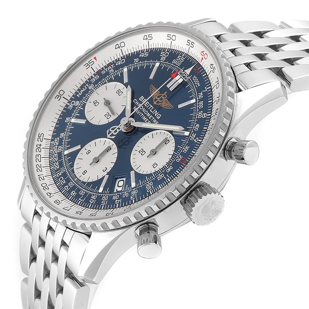 The image shows a side angle of a Breitling Navitimer A23322 Men
s Stainless Steel Blue Dial A23322 Men
s Stainless Steel Blue Dial watch, highlighting the dial, crown, pushers, and metal bracelet.