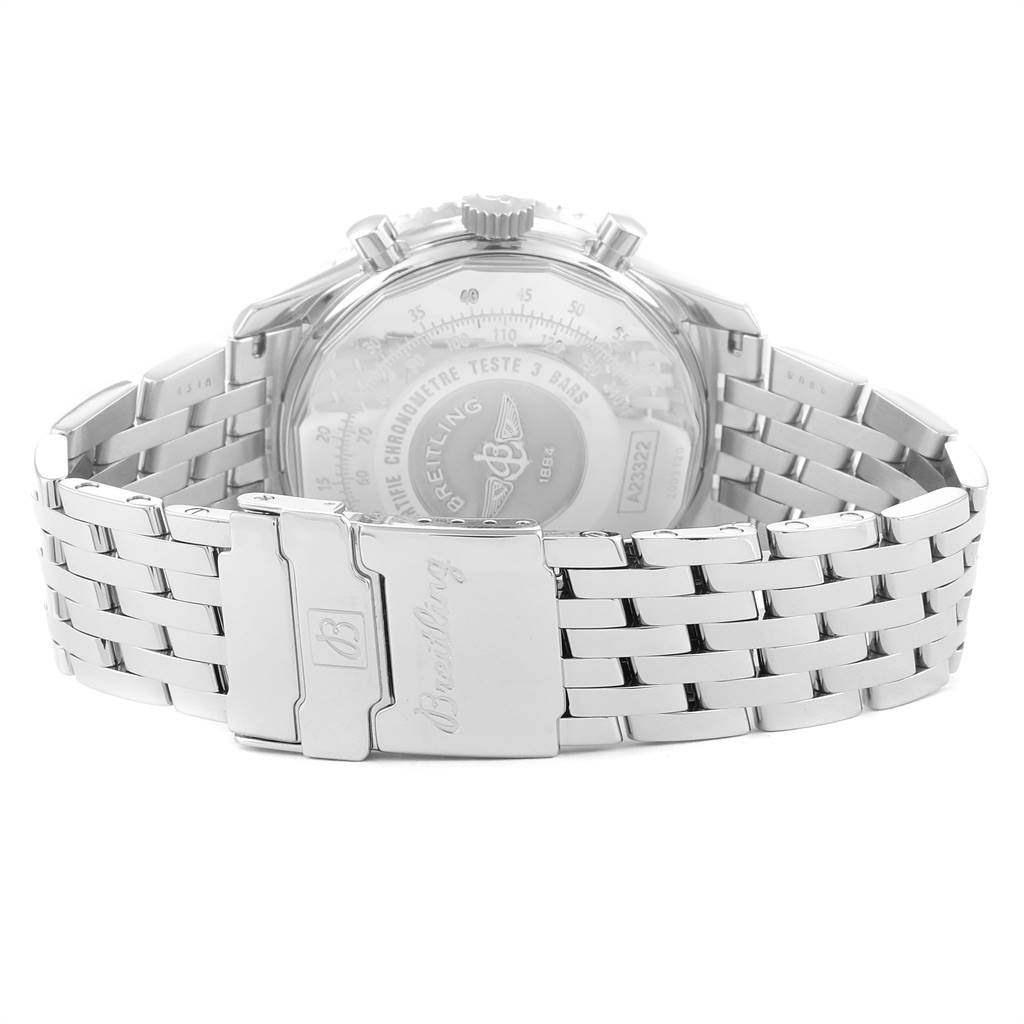 The image shows the back case and metal bracelet of a Breitling Navitimer A23322 Men
s Stainless Steel Blue Dial A23322 Men
s Stainless Steel Blue Dial watch, angled to highlight the clasp and case back details.