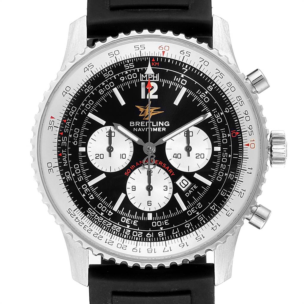 This image shows a front view of the Breitling Navitimer A41322 Men's Stainless Steel Black Dial A41322 Men's Stainless Steel Black Dial watch, displaying its black dial, chronograph subdials, and bezel.