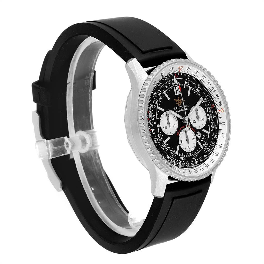 This image showcases a side-angle view of a Breitling Navitimer A41322 Men's Stainless Steel Black Dial A41322 Men's Stainless Steel Black Dial watch, highlighting the face, bezel, and strap.