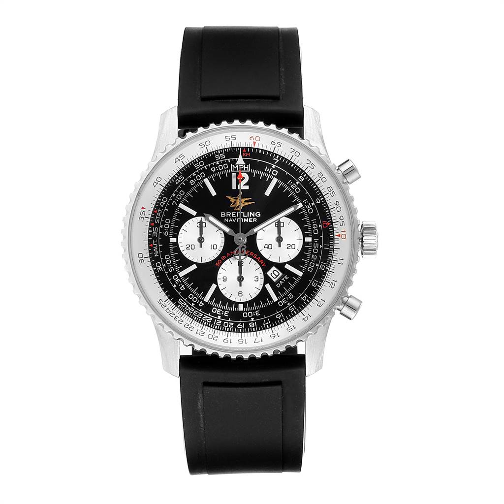 The Breitling Navitimer A41322 Men's Stainless Steel Black Dial A41322 Men's Stainless Steel Black Dial watch is shown from a front angle, displaying the dial, bezel, and strap.