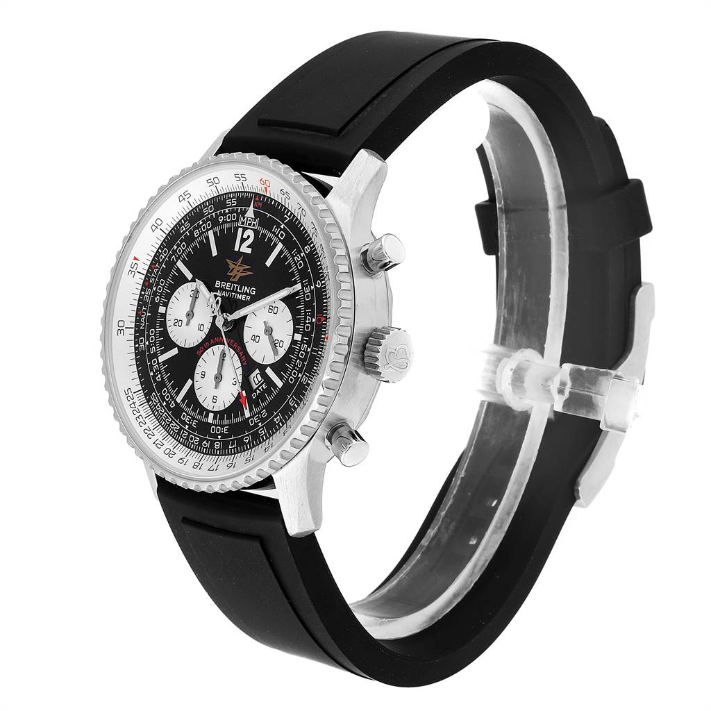 The Breitling Navitimer A41322 Men's Stainless Steel Black Dial A41322 Men's Stainless Steel Black Dial watch is shown at an angle highlighting its face, bezel, and side pushers, with a black rubber strap.