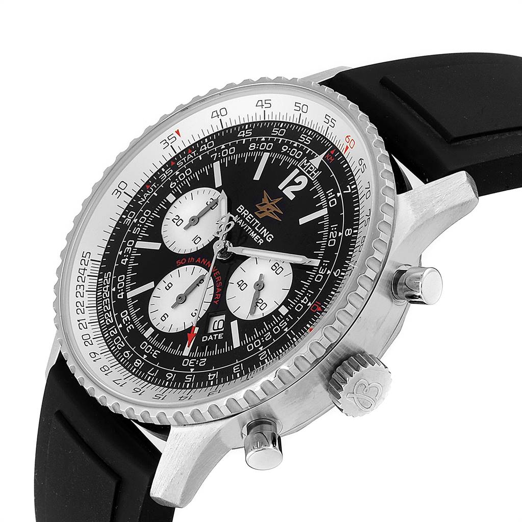 The image shows a close-up 3/4 angle view of the Breitling Navitimer A41322 Men's Stainless Steel Black Dial A41322 Men's Stainless Steel Black Dial watch, highlighting the dial, bezel, crown, pushers, and strap.
