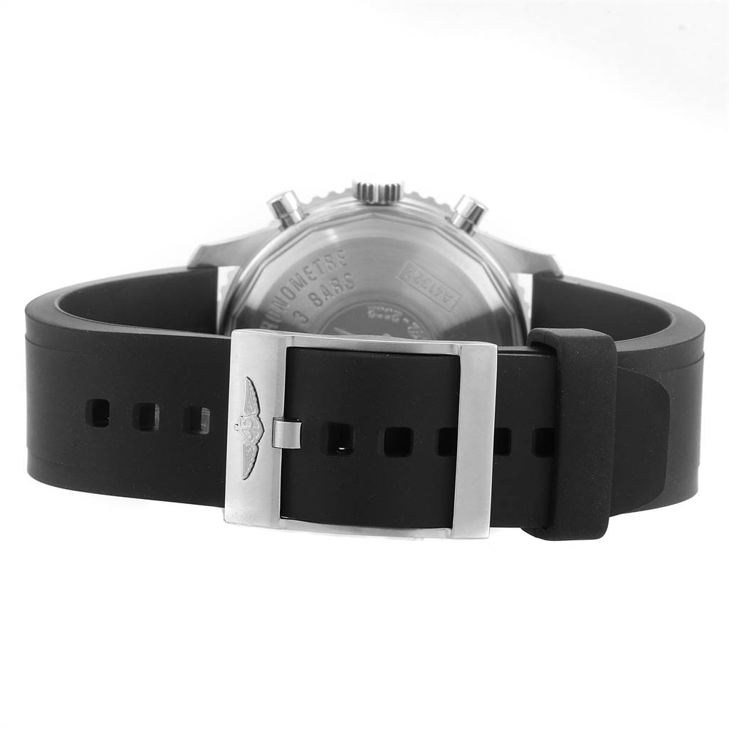 The Breitling Navitimer A41322 Men's Stainless Steel Black Dial A41322 Men's Stainless Steel Black Dial watch is shown from the back, highlighting its case back and black rubber strap with a metal buckle.