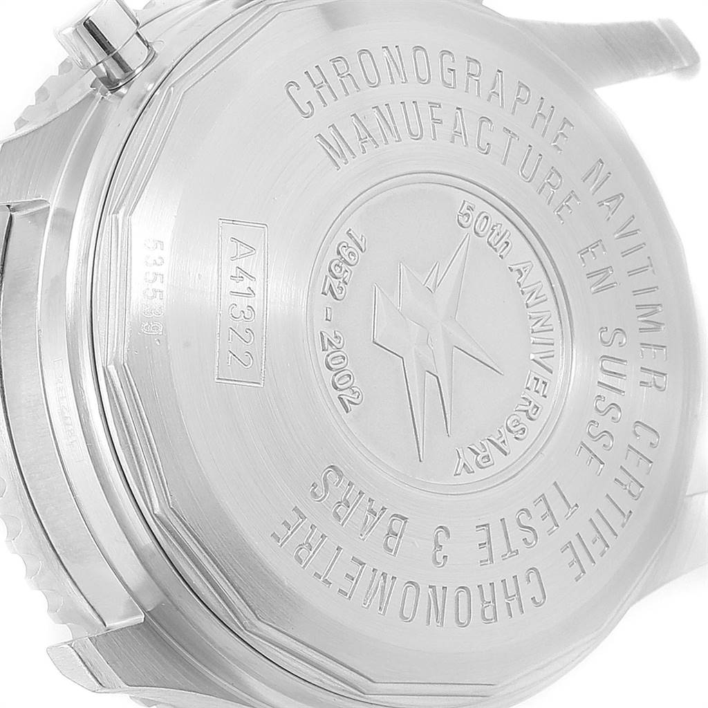 This image shows the case back of the Breitling Navitimer A41322 Men's Stainless Steel Black Dial A41322 Men's Stainless Steel Black Dial watch, highlighting its engraved details and model number.