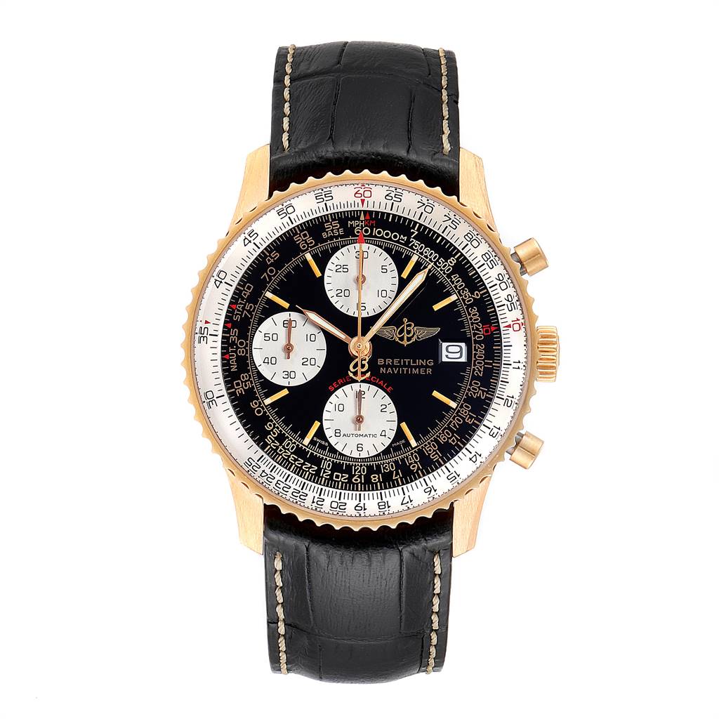 The image shows a front view of a Breitling Navitimer H13330 Men's Yellow Gold Black Dial H13330 Men's Yellow Gold Black Dial watch, displaying its face, bezel, crown, and strap.