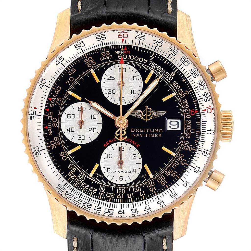 The image shows a front angle of the Breitling Navitimer H13330 Men's Yellow Gold Black Dial H13330 Men's Yellow Gold Black Dial watch, featuring its dial, bezel, pushers, and crown.