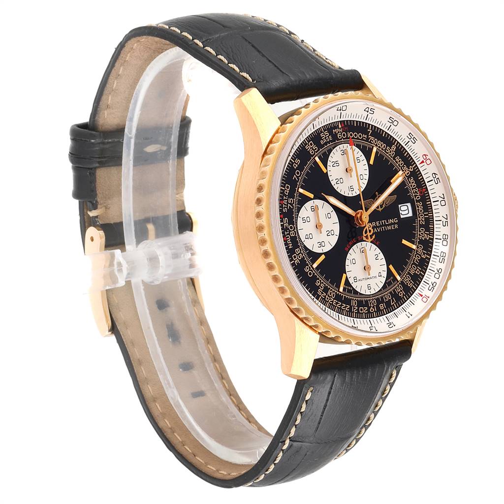 The image shows a Breitling Navitimer H13330 Men's Yellow Gold Black Dial H13330 Men's Yellow Gold Black Dial watch at a three-quarter angle, highlighting its face, bezel, and leather strap.