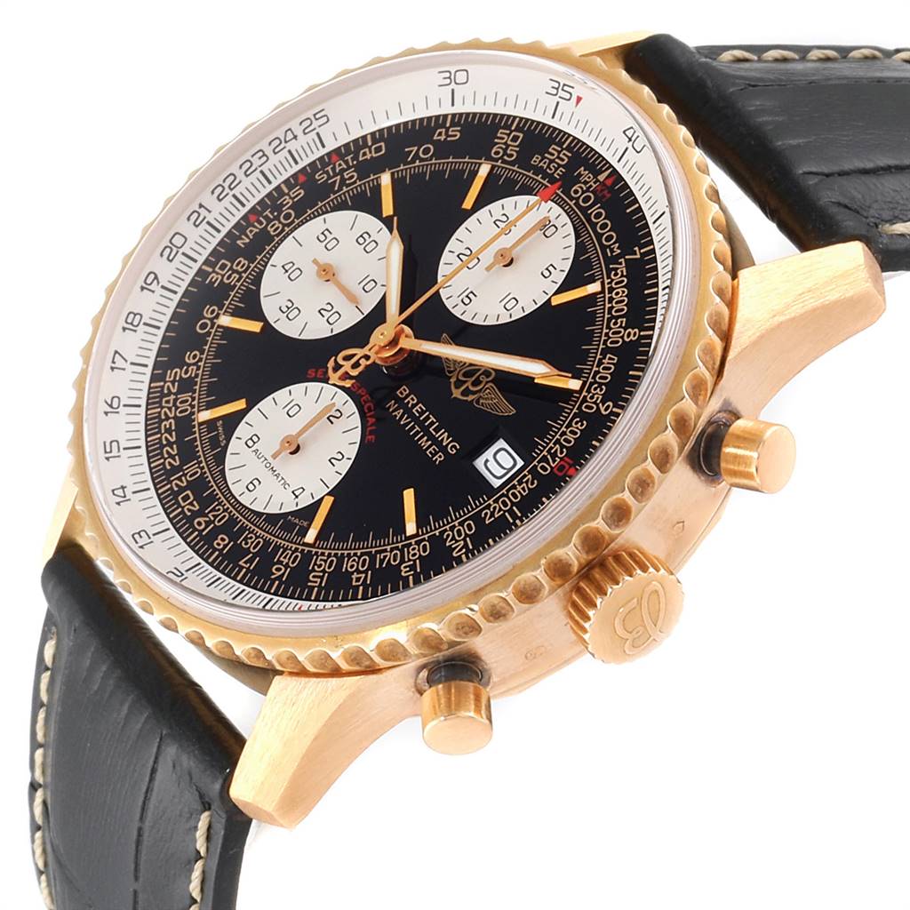 This image shows a Breitling Navitimer H13330 Men's Yellow Gold Black Dial H13330 Men's Yellow Gold Black Dial watch at an angled close-up, displaying its face, bezel, crown, pushers, and leather strap.