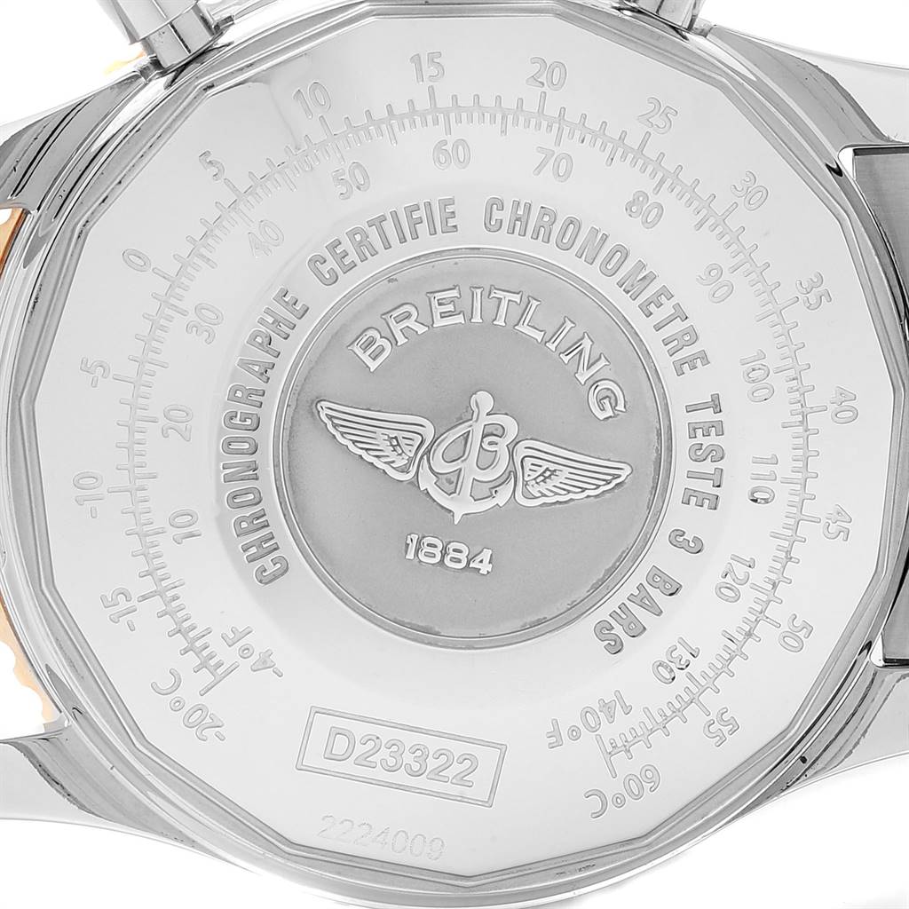 This image shows the back case of a Breitling Navitimer D23322 Men
s Stainless Steel Black Dial D23322 Men
s Stainless Steel Black Dial watch, highlighting the engraved branding and specifications.