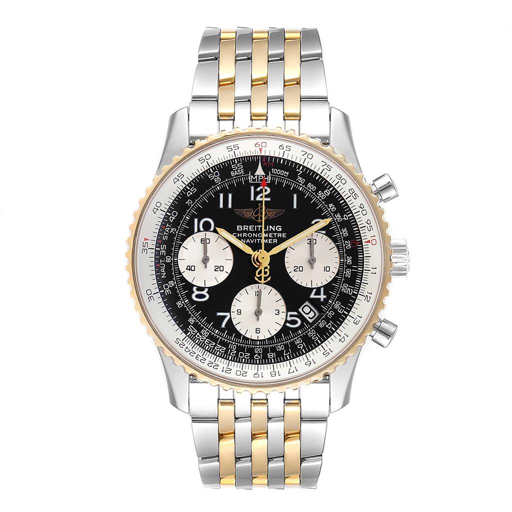 This image shows a front view of a Breitling Navitimer D23322 Men
s Stainless Steel Black Dial D23322 Men
s Stainless Steel Black Dial watch, featuring its face, bezel, and bracelet.