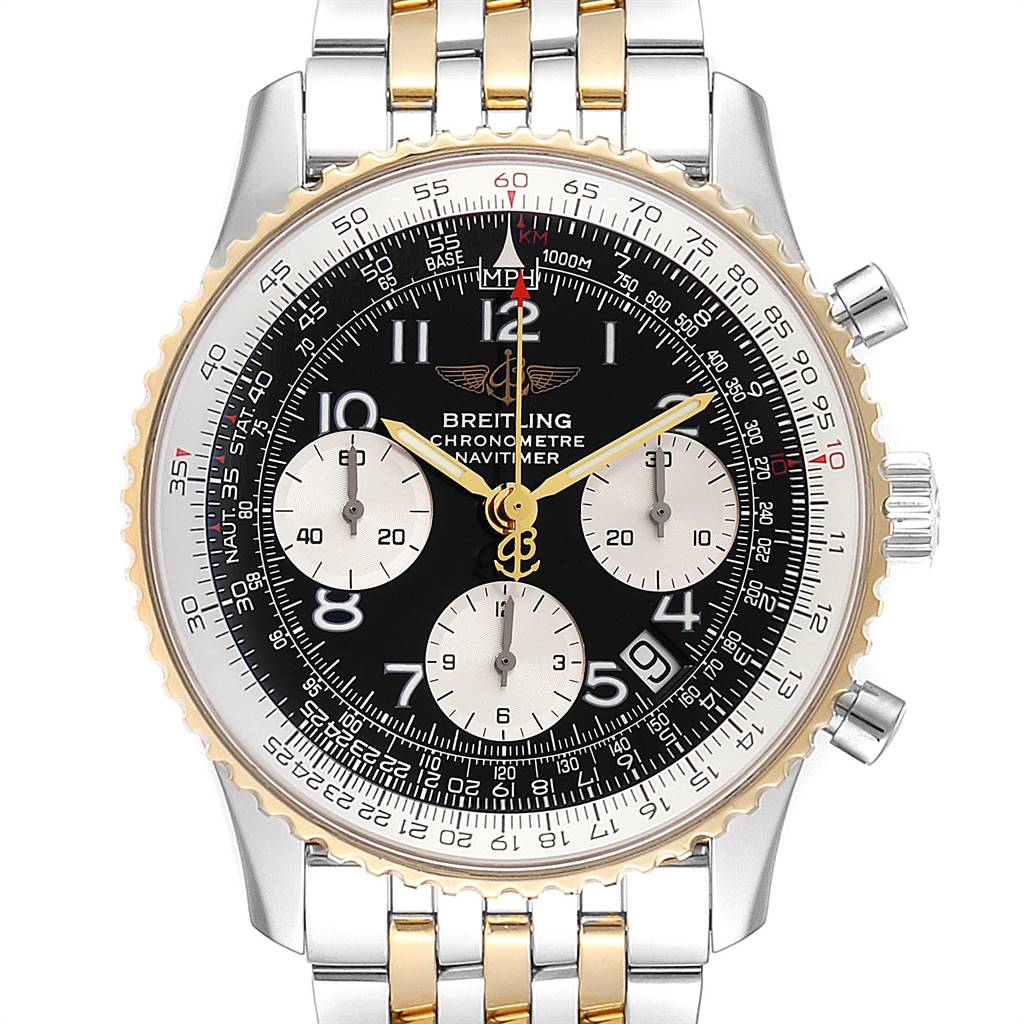 The image shows a front view of a Breitling Navitimer D23322 Men
s Stainless Steel Black Dial D23322 Men
s Stainless Steel Black Dial watch, highlighting its face, bezel, and part of the bracelet.