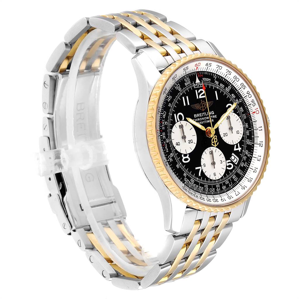 The image shows a side angle view of the Breitling Navitimer D23322 Men
s Stainless Steel Black Dial D23322 Men
s Stainless Steel Black Dial watch, showcasing its metal and gold-link band and detailed dial.
