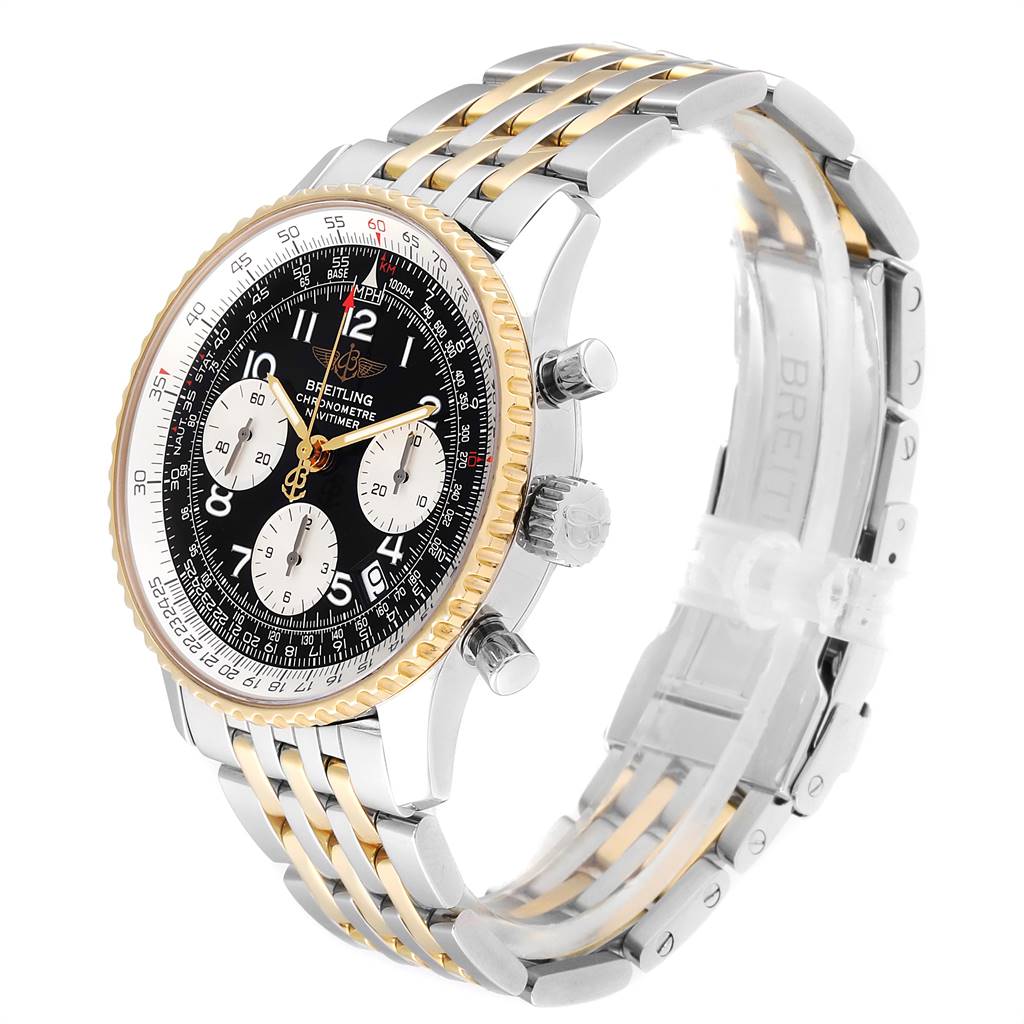 The image shows a Breitling Navitimer D23322 Men
s Stainless Steel Black Dial D23322 Men
s Stainless Steel Black Dial watch at a 3/4 angle, highlighting the face, bezel, crown, and two-tone bracelet.