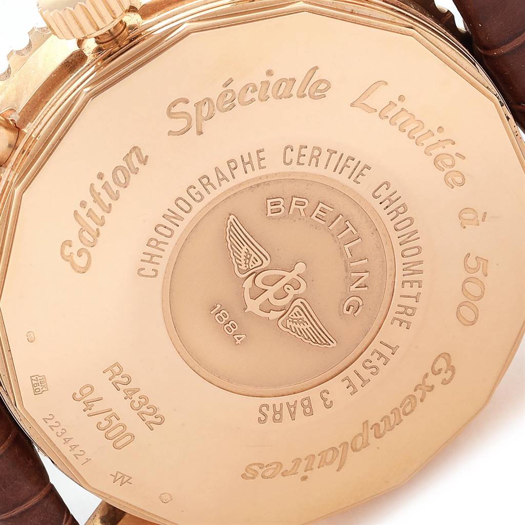 The image shows the case back of a Breitling Navitimer R24322 Men's Rose Gold Black Dial R24322 Men's Rose Gold Black Dial watch, highlighting the limited edition engraving and serial number.