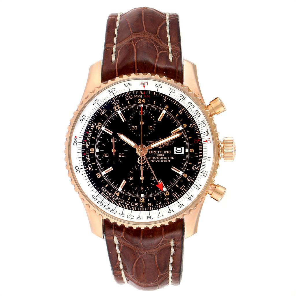 This Breitling Navitimer R24322 Men's Rose Gold Black Dial R24322 Men's Rose Gold Black Dial watch is shown from a front angle, displaying the dial, bezel, and brown leather strap.