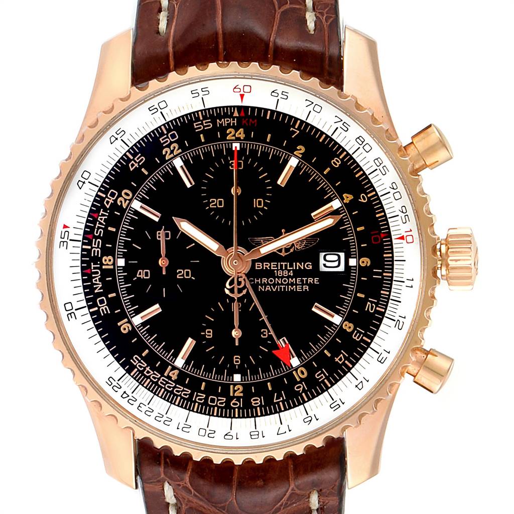 The image shows a front view of the face, bezel, crown, and pushers of a Breitling Navitimer R24322 Men's Rose Gold Black Dial R24322 Men's Rose Gold Black Dial watch.