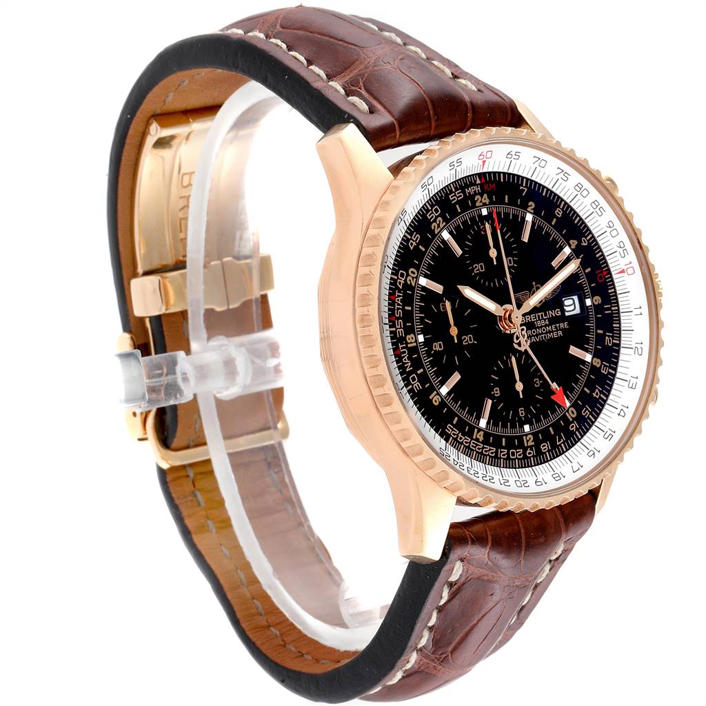 The image shows a side and front angle of a Breitling Navitimer R24322 Men's Rose Gold Black Dial R24322 Men's Rose Gold Black Dial watch with a black dial, rose gold case, and brown leather strap.
