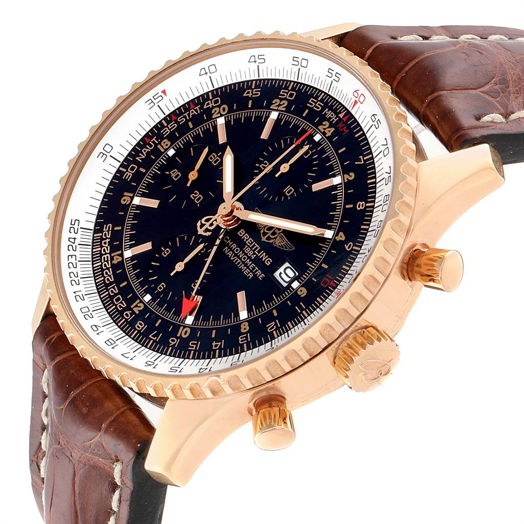 The Breitling Navitimer R24322 Men's Rose Gold Black Dial R24322 Men's Rose Gold Black Dial watch is shown at a side angle, displaying its face, bezel, crown, pushers, and leather strap.