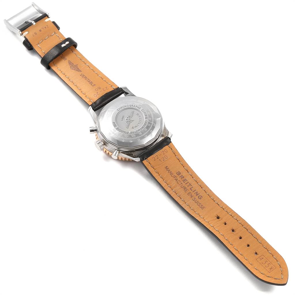 The image shows the back view of a Breitling Navitimer U13324211B1X1 Men's Stainless Steel Black Dial U13324211B1X1 Men's Stainless Steel Black Dial, highlighting its leather strap and case back.