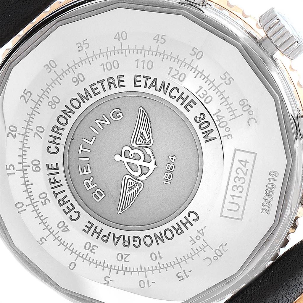 This image shows the back of a Breitling Navitimer U13324211B1X1 Men's Stainless Steel Black Dial U13324211B1X1 Men's Stainless Steel Black Dial watch, displaying the brand name, logo, and technical details.