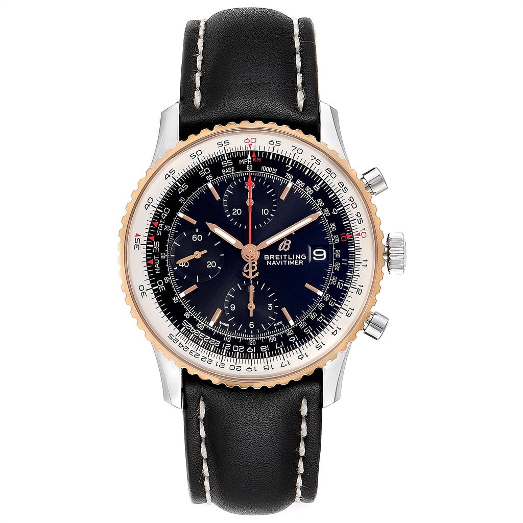 This image shows a front view of a Breitling Navitimer U13324211B1X1 Men's Stainless Steel Black Dial U13324211B1X1 Men's Stainless Steel Black Dial watch, featuring its dial, bezel, crown, and leather strap.