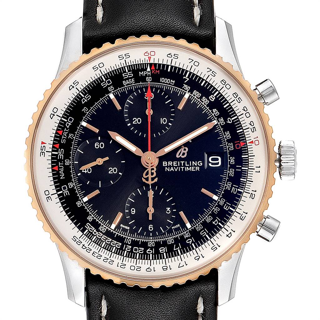 The image shows a close-up of the Breitling Navitimer U13324211B1X1 Men's Stainless Steel Black Dial U13324211B1X1 Men's Stainless Steel Black Dial watch face, detailing the dials, hands, bezel, and part of the leather strap.