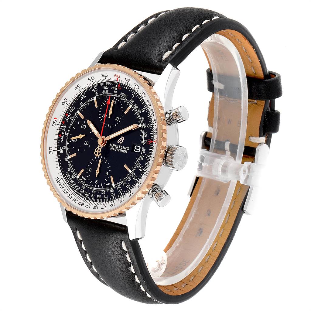 This image shows a Breitling Navitimer U13324211B1X1 Men's Stainless Steel Black Dial U13324211B1X1 Men's Stainless Steel Black Dial watch at a three-quarter angle, displaying the face, bezel, crown, chronograph pushers, and leather strap.