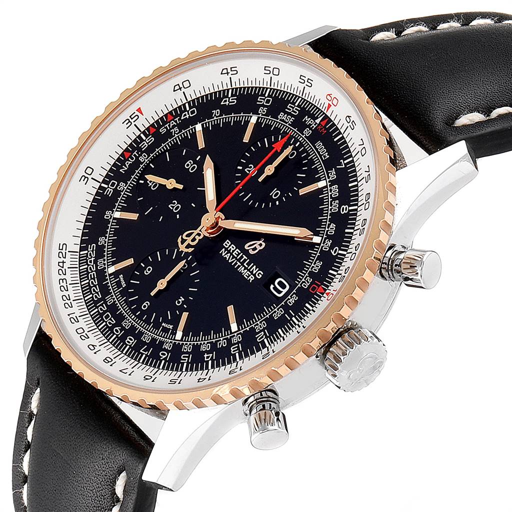 The image shows a Breitling Navitimer U13324211B1X1 Men's Stainless Steel Black Dial U13324211B1X1 Men's Stainless Steel Black Dial watch from an angled side view, displaying the face, bezel, crown, pushers, and leather strap.