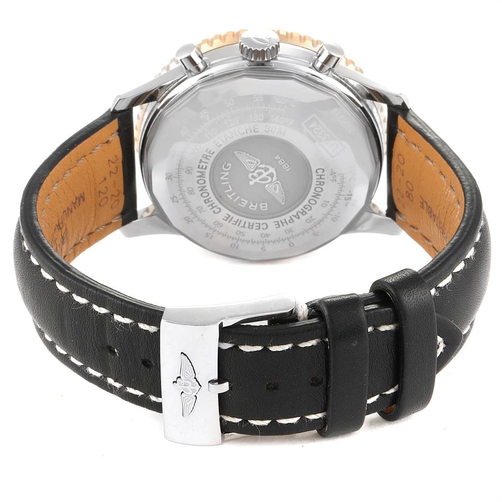 The image shows the back of a Breitling Navitimer U13324211B1X1 Men's Stainless Steel Black Dial U13324211B1X1 Men's Stainless Steel Black Dial watch, highlighting the case back and black leather strap buckle.