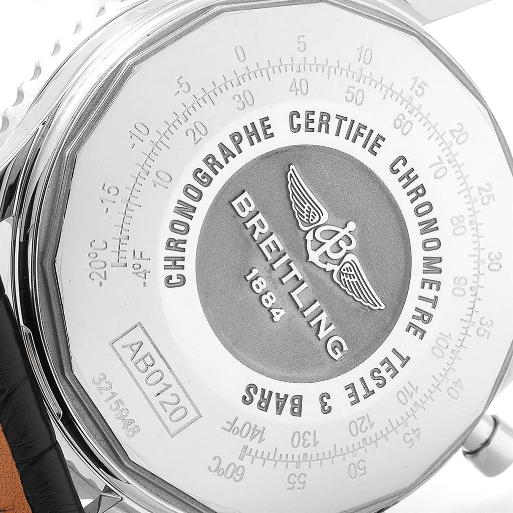 This image shows the back case of a Breitling Navitimer AB0120 Men's Stainless Steel Black Dial AB0120 Men's Stainless Steel Black Dial watch with engraved details and logo.