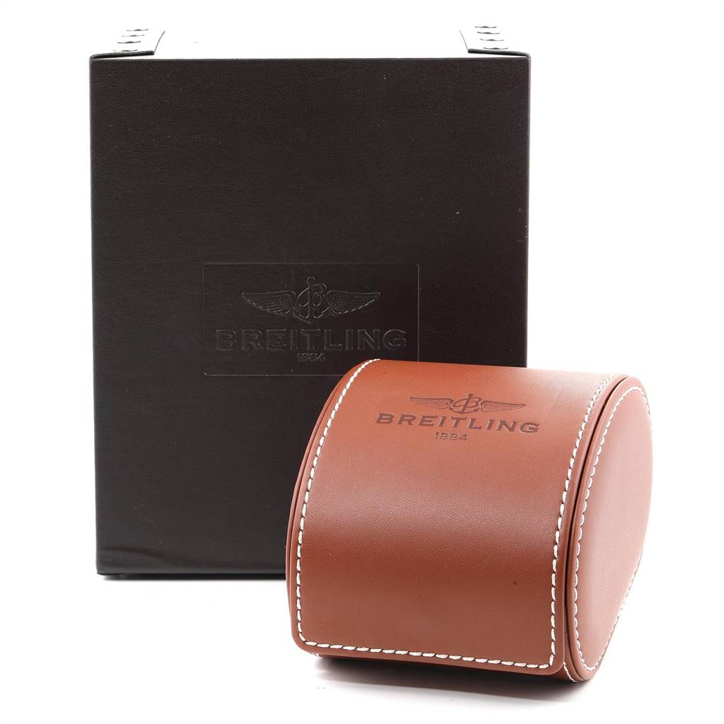 The image shows the black box and brown leather case accessories for the Breitling Navitimer AB0120 Men's Stainless Steel Black Dial AB0120 Men's Stainless Steel Black Dial watch.