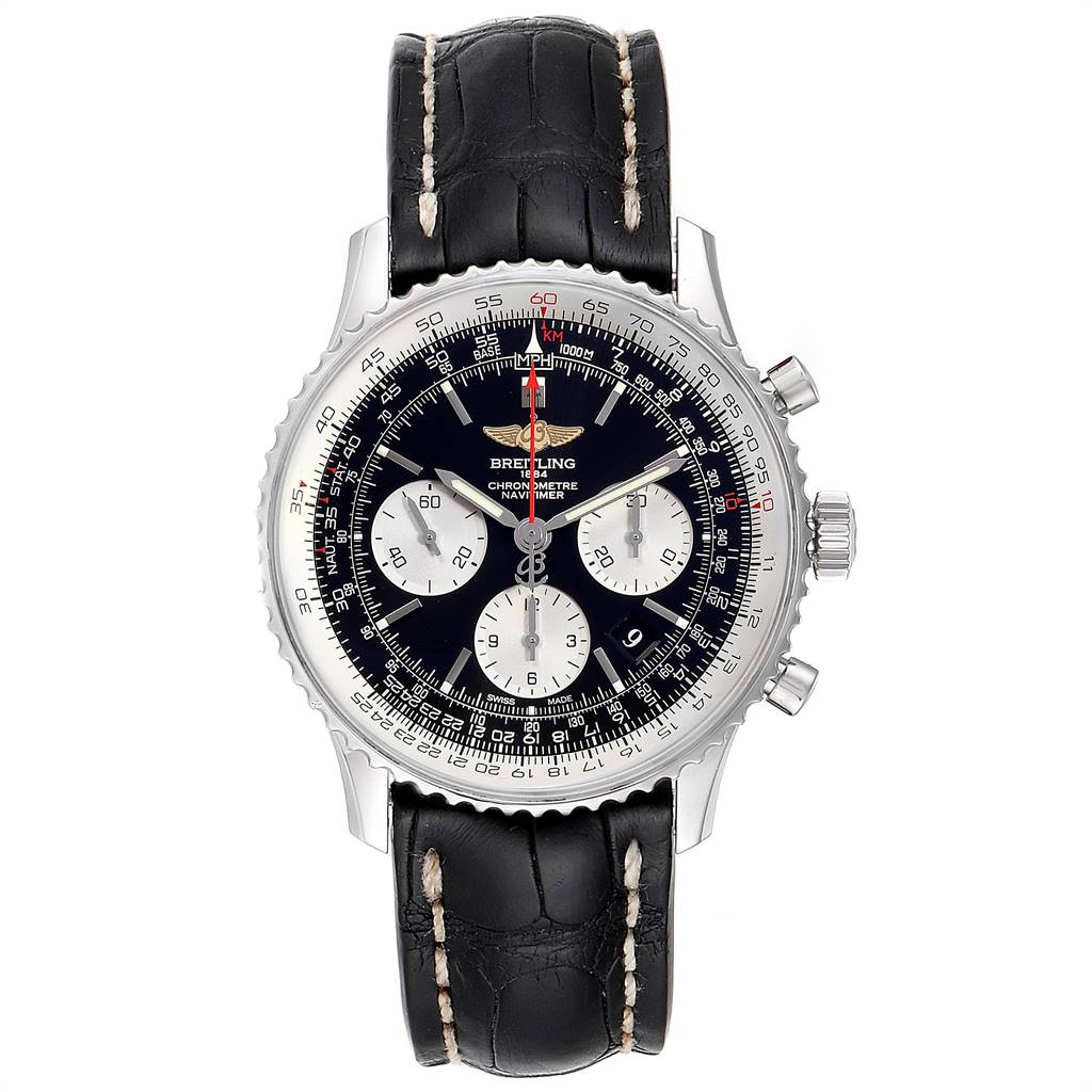 The image shows a front view of the Breitling Navitimer AB0120 Men's Stainless Steel Black Dial AB0120 Men's Stainless Steel Black Dial watch, highlighting its dial, bezel, and black leather strap.