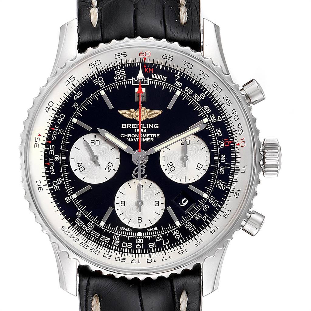 This image shows a front view of a Breitling Navitimer AB0120 Men's Stainless Steel Black Dial AB0120 Men's Stainless Steel Black Dial watch, displaying the dial, bezel, pushers, and strap.