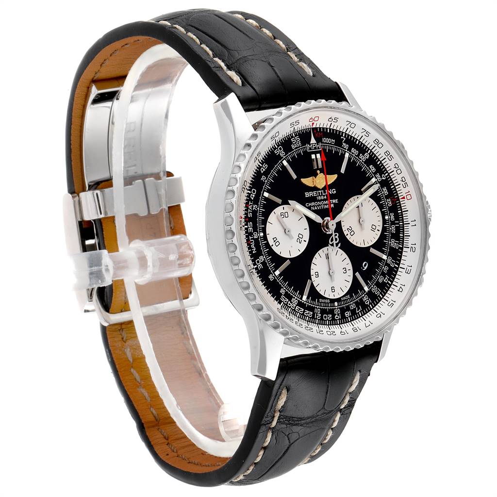 The image shows a Breitling Navitimer AB0120 Men's Stainless Steel Black Dial AB0120 Men's Stainless Steel Black Dial watch at a slight side angle, highlighting its black dial, chronograph subdials, and leather strap.